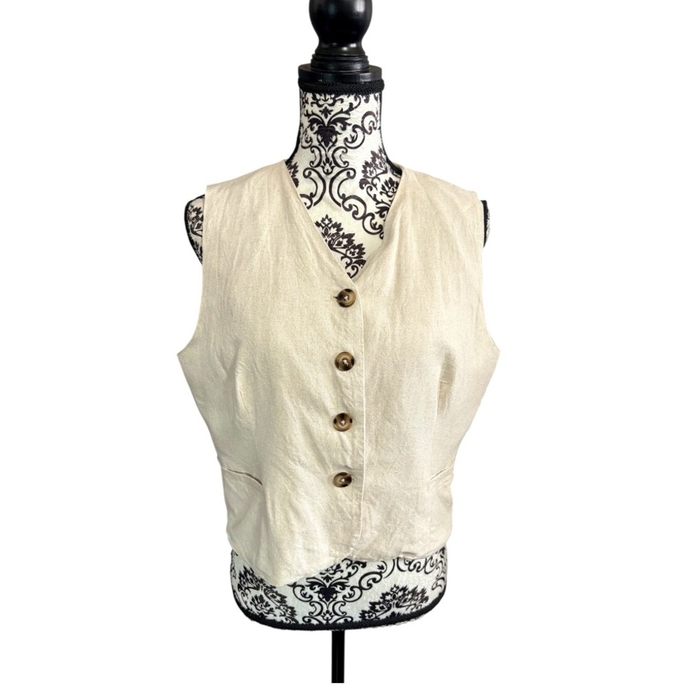 EMERSON LANG Cream Button-Up Cotton Linen Cropped Vest
